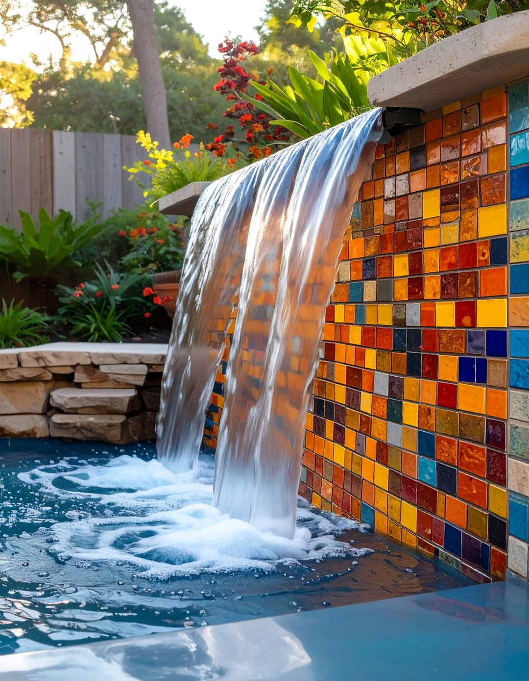 Colorful Tiled Mosaic Waterfall - 30 backyard waterfall ideas