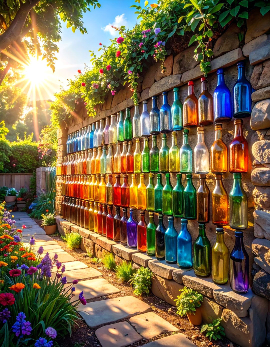 Colorful Upcycled Bottle Wall - 30 low cost garden fence designs