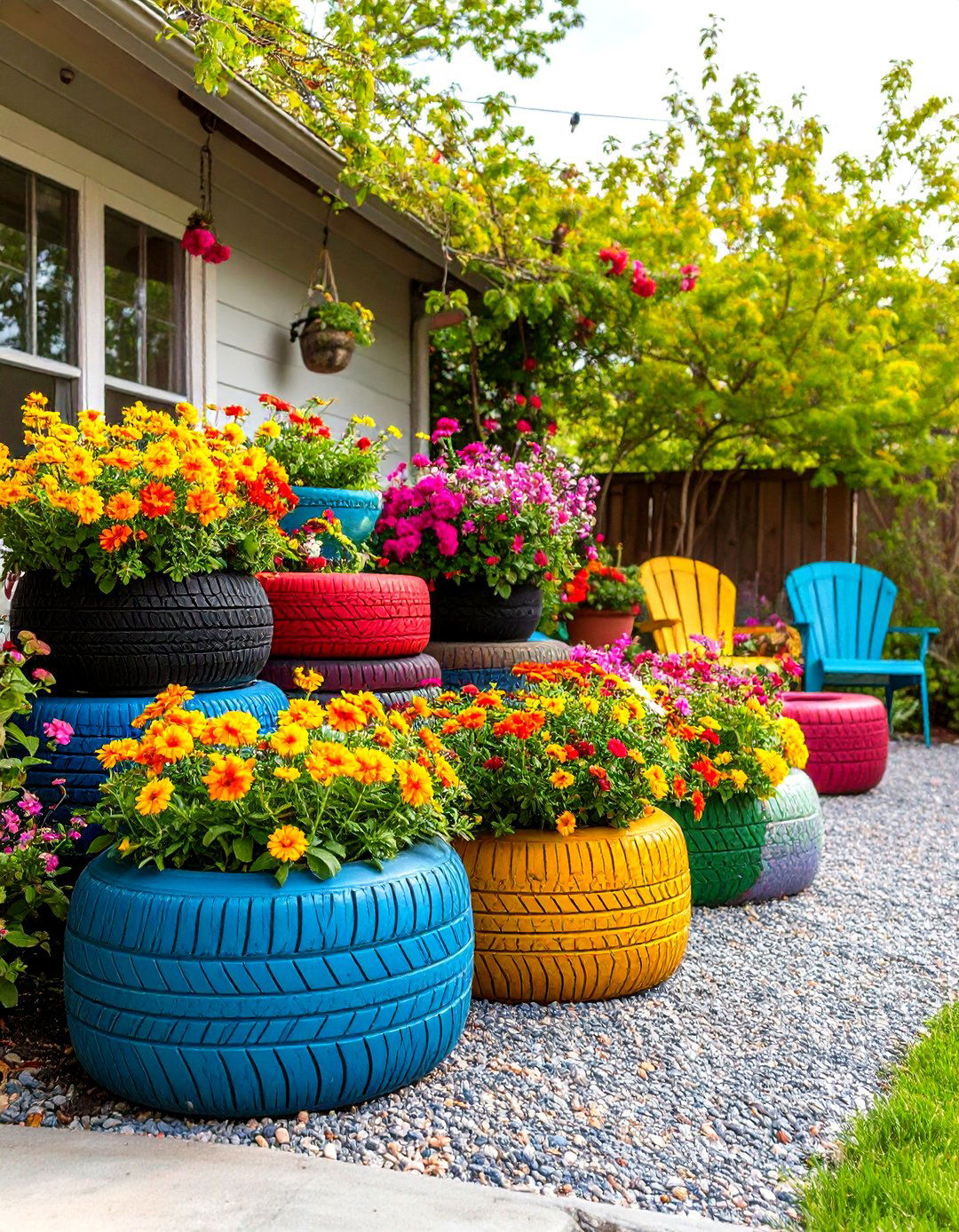 Colorful Upcycled Tire Patio - 30 inexpensive patio ideas