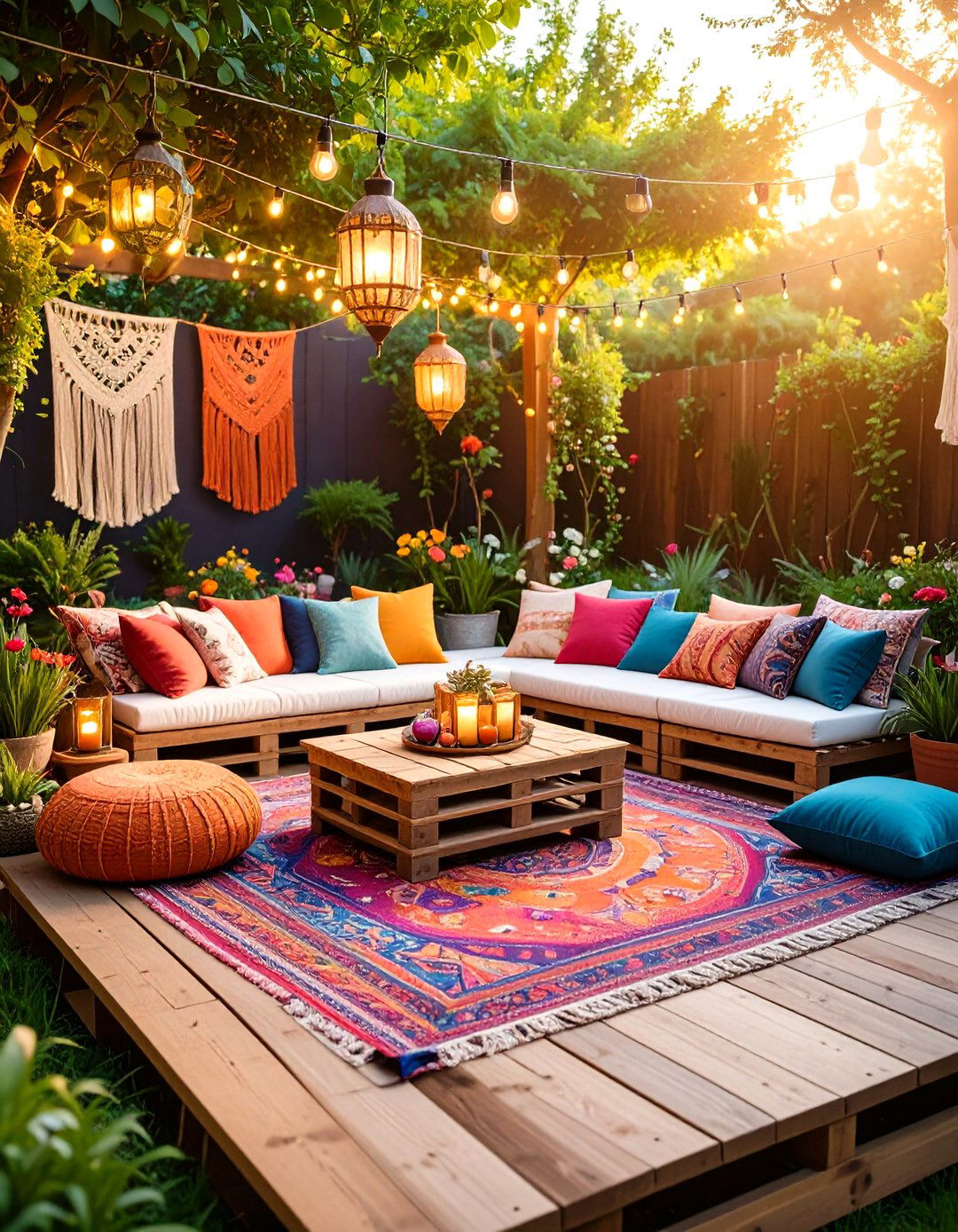 Colorful and Bohemian Pallet Deck - 30 pallet deck ideas