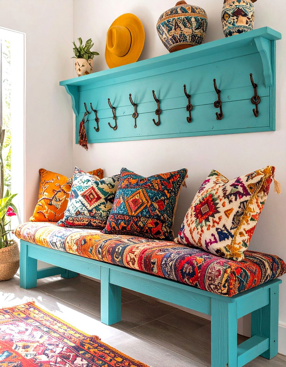 Colorful and Eclectic Bohemian Bench - 30 mudroom bench ideas