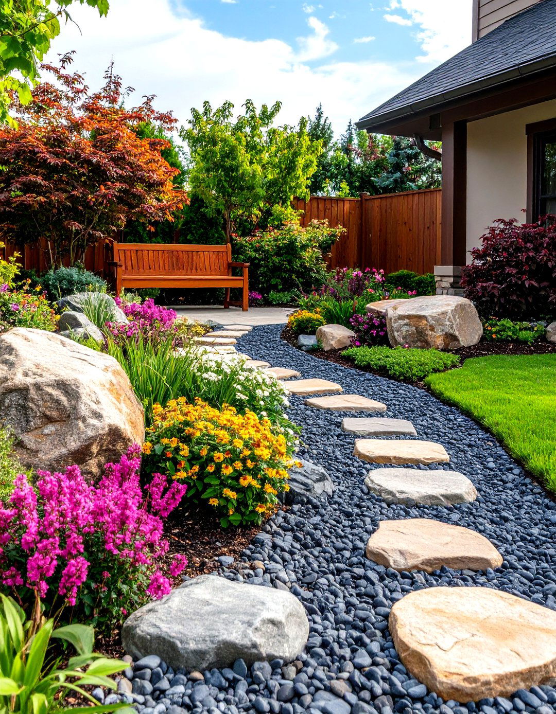 Combining Rocks with Wooden Elements - 30 front yard landscaping ideas with rocks
