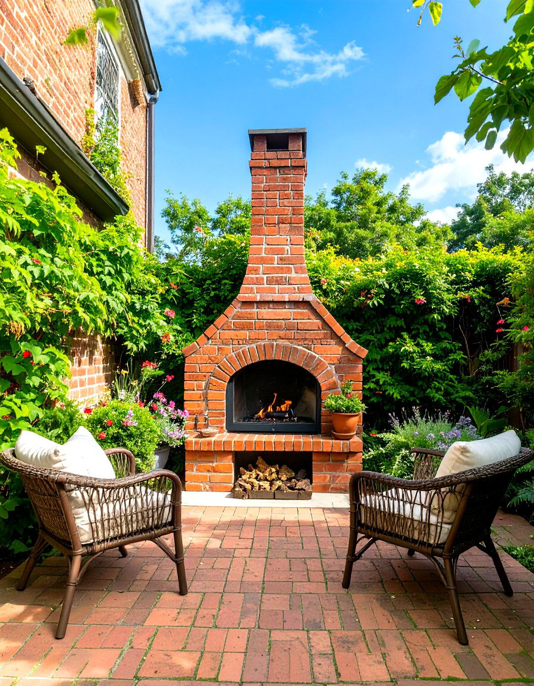 Compact Brick Fireplace with Chimney - 30 small outdoor fireplace ideas