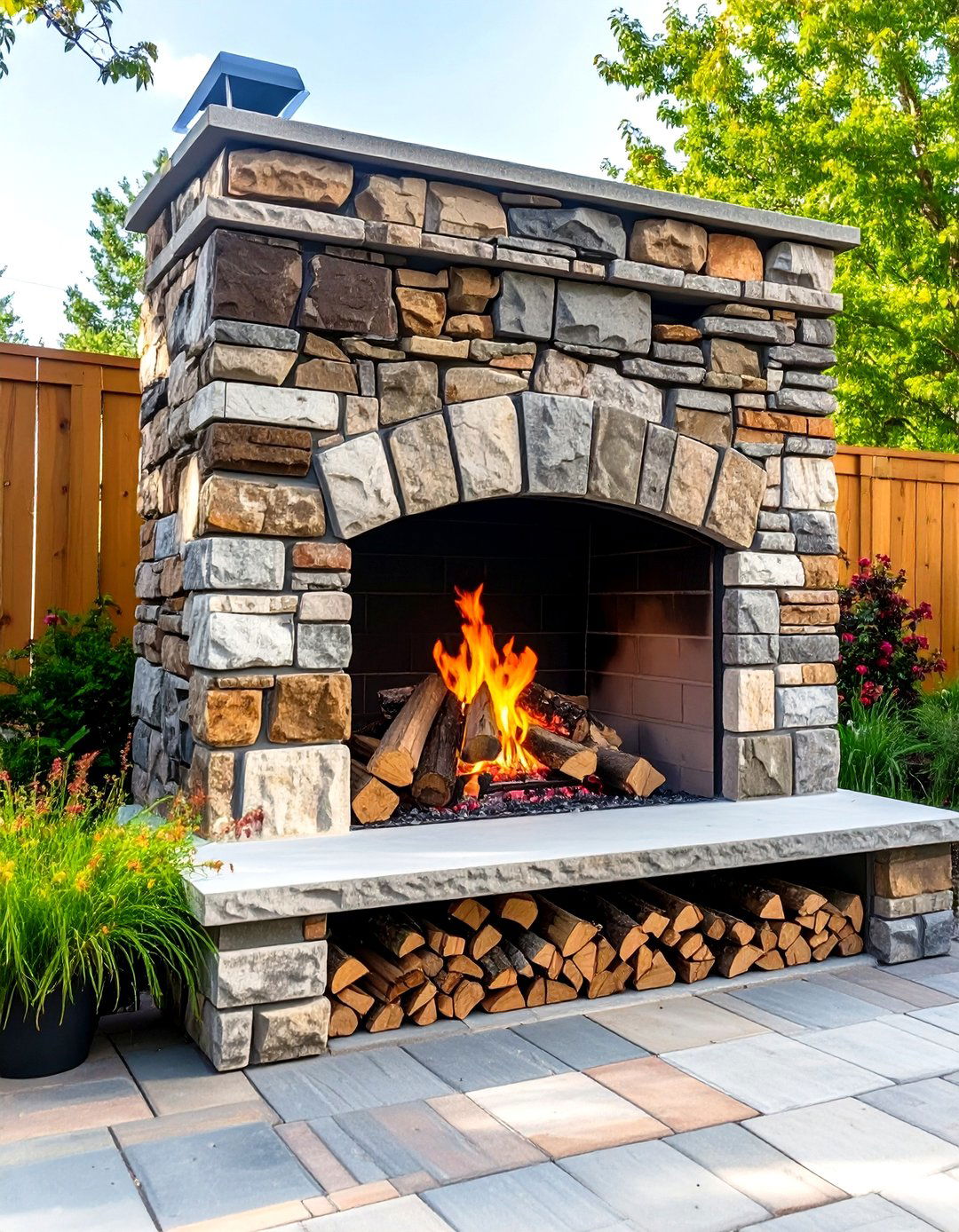 Compact Outdoor Fireplace with Wood Storage - 30 small outdoor fireplace ideas