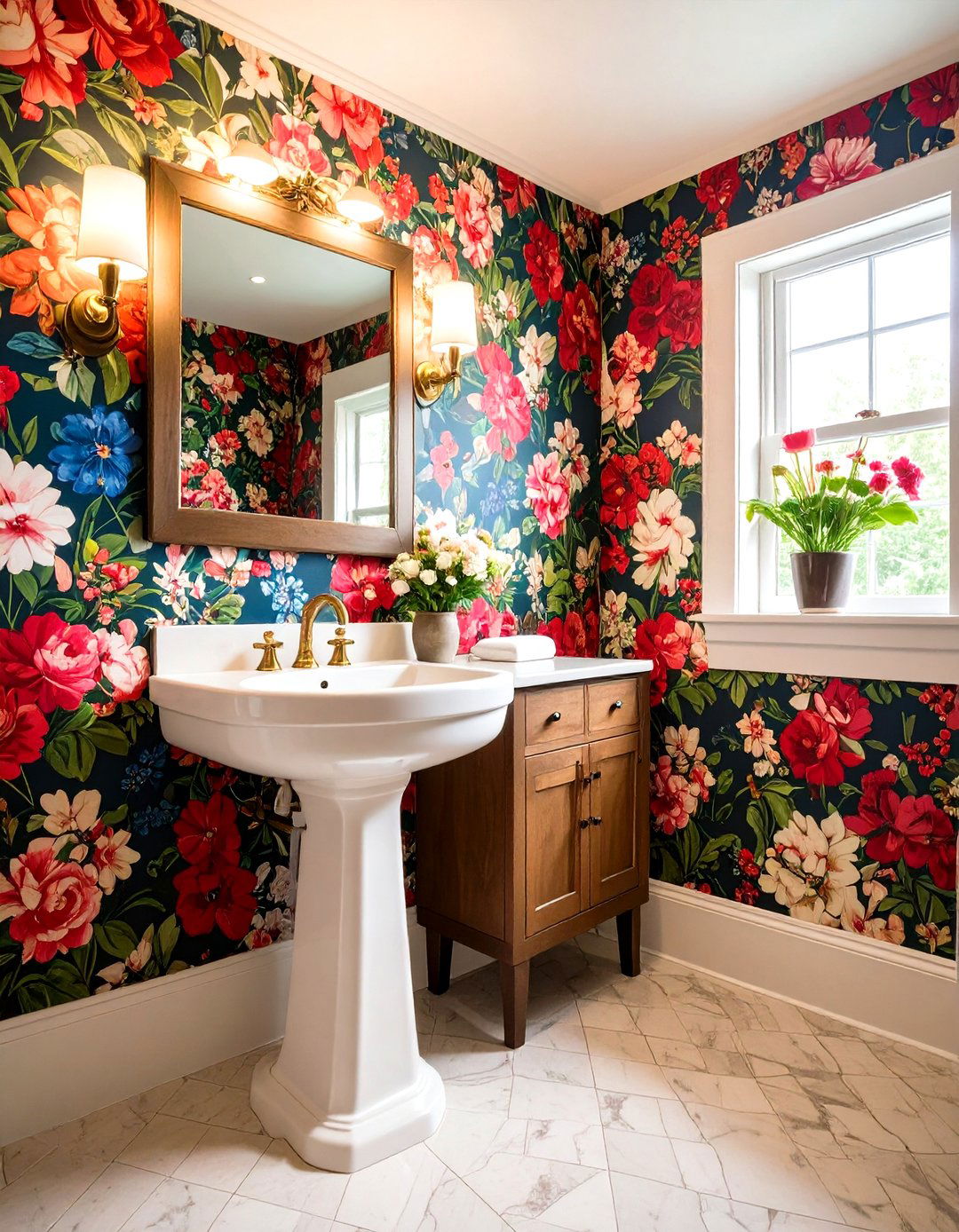 Compact Powder Room with Bold Wallpaper - 30 design a bathroom ideas