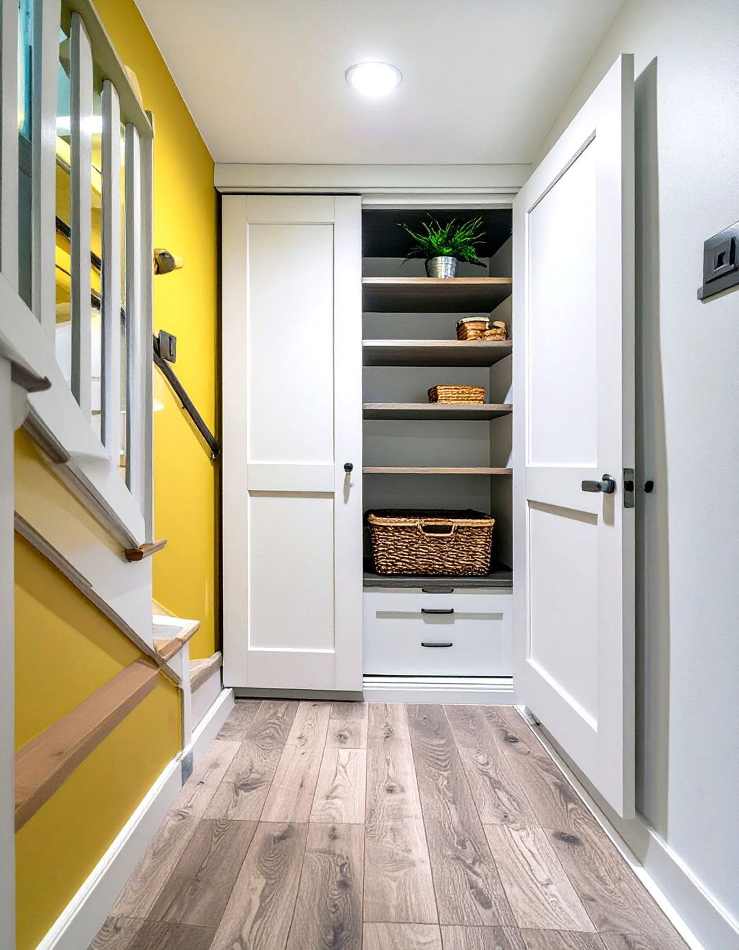 Compact Under Stairs Pantry with a Pocket Door - 30 under stairs pantry ideas