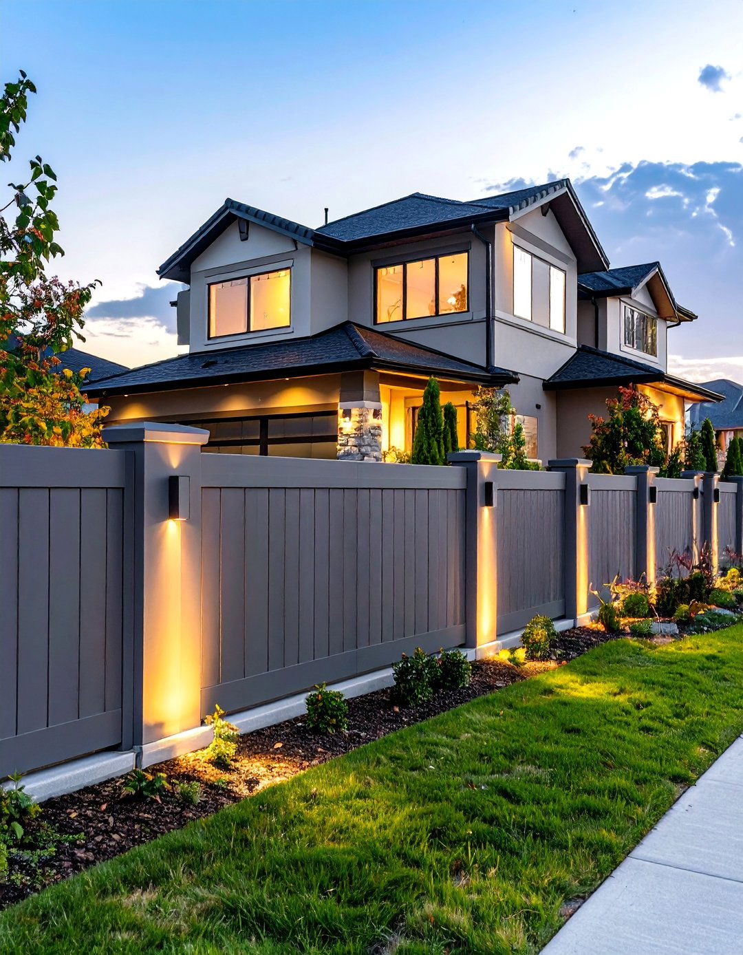 Composite Fence with Integrated Lighting - 30 front yard fence ideas with driveway