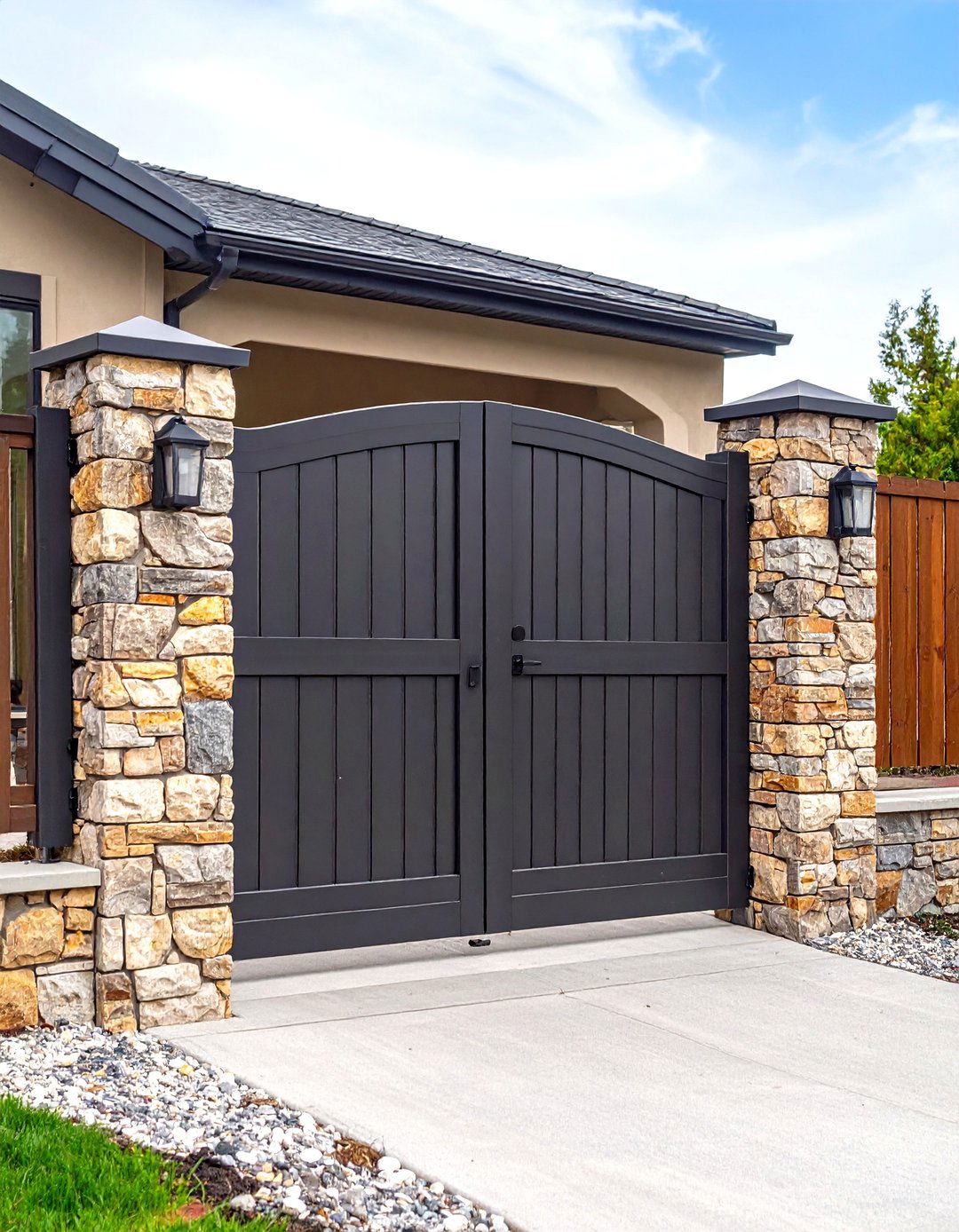 Composite Fence with a Faux Stone Look - 30 front yard fence ideas with gate