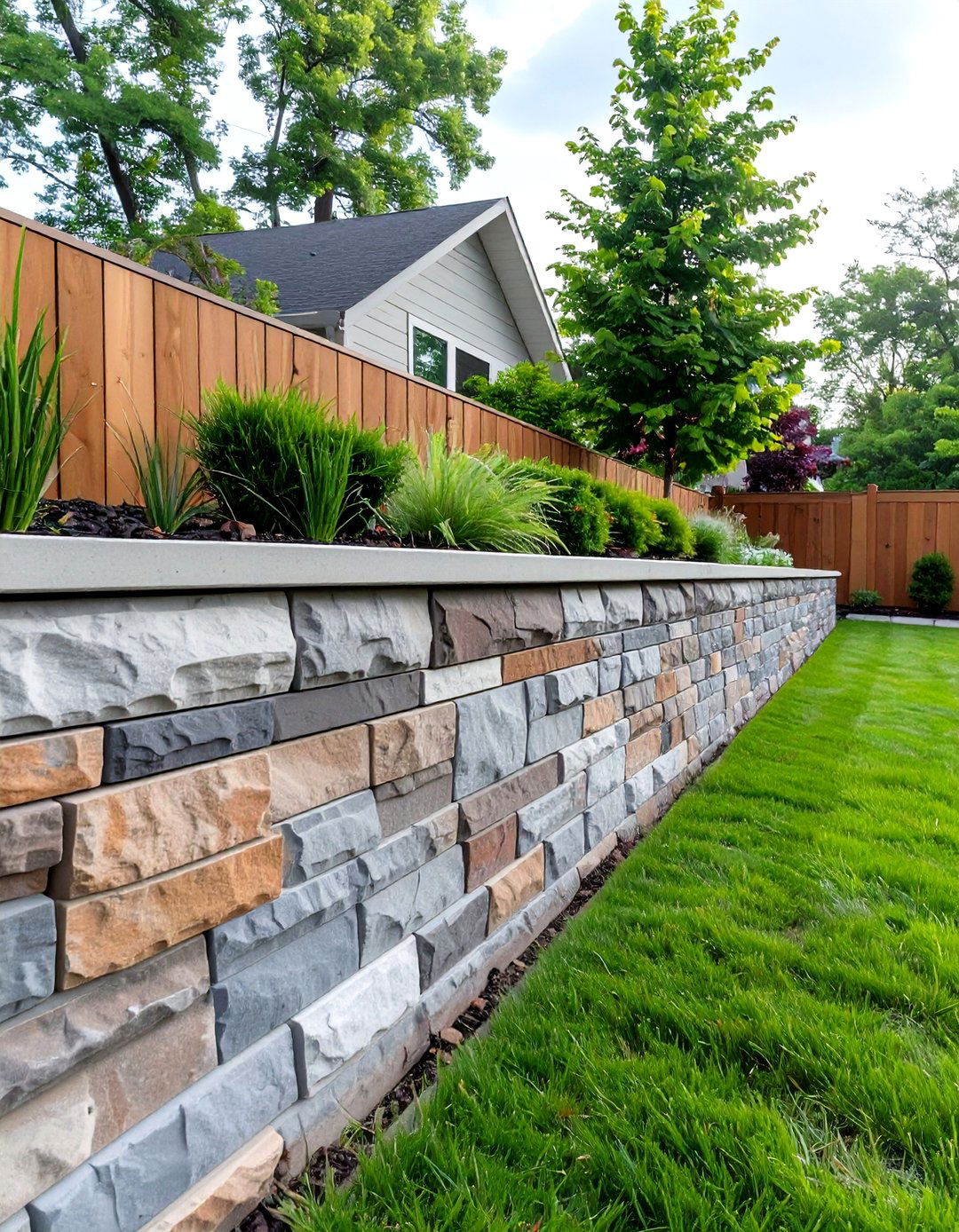 Concrete Block Retaining Wall with a Stone Veneer - 30 backyard retaining wall ideas