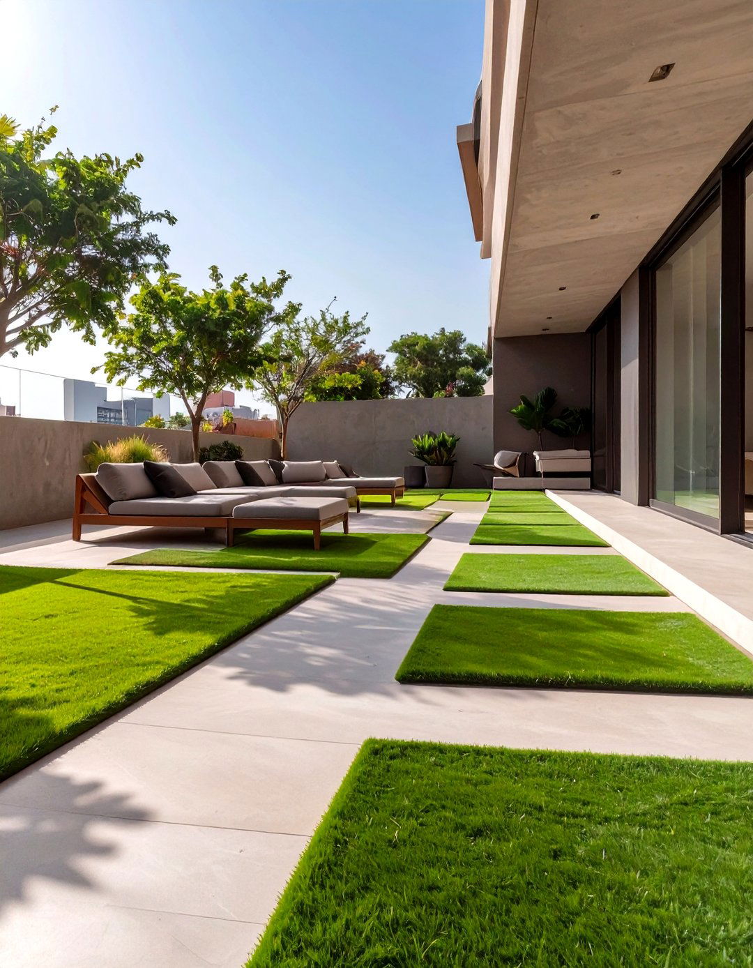 Concrete Deck with Artificial Grass Inlays - 30 concrete deck ideas