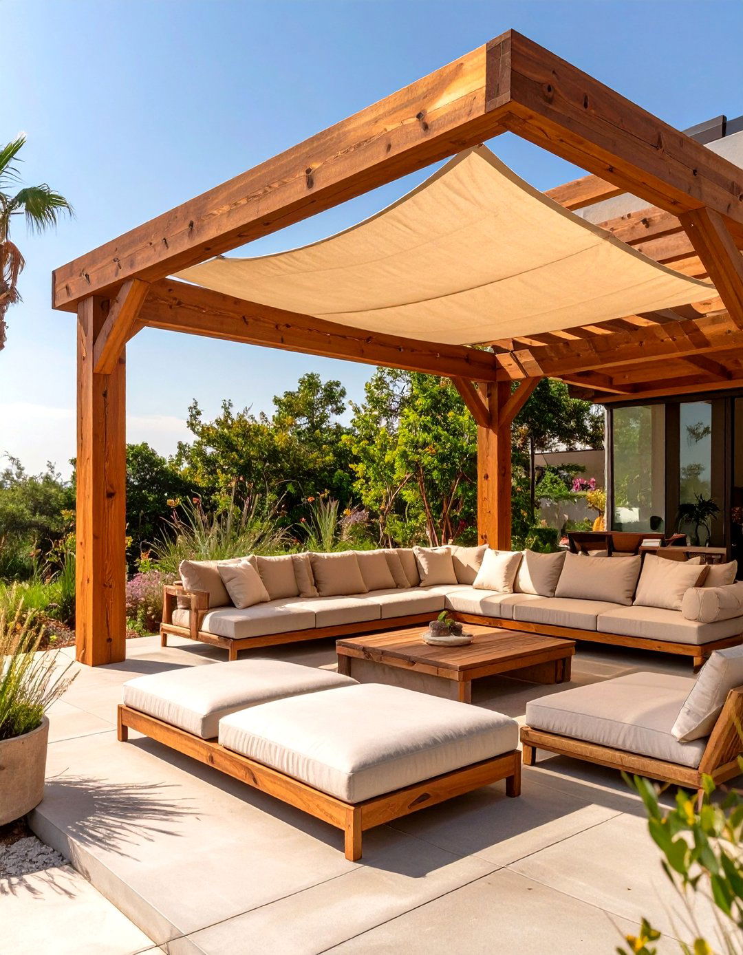 Concrete Deck with a Pergola and Retractable Canopy - 30 concrete deck ideas