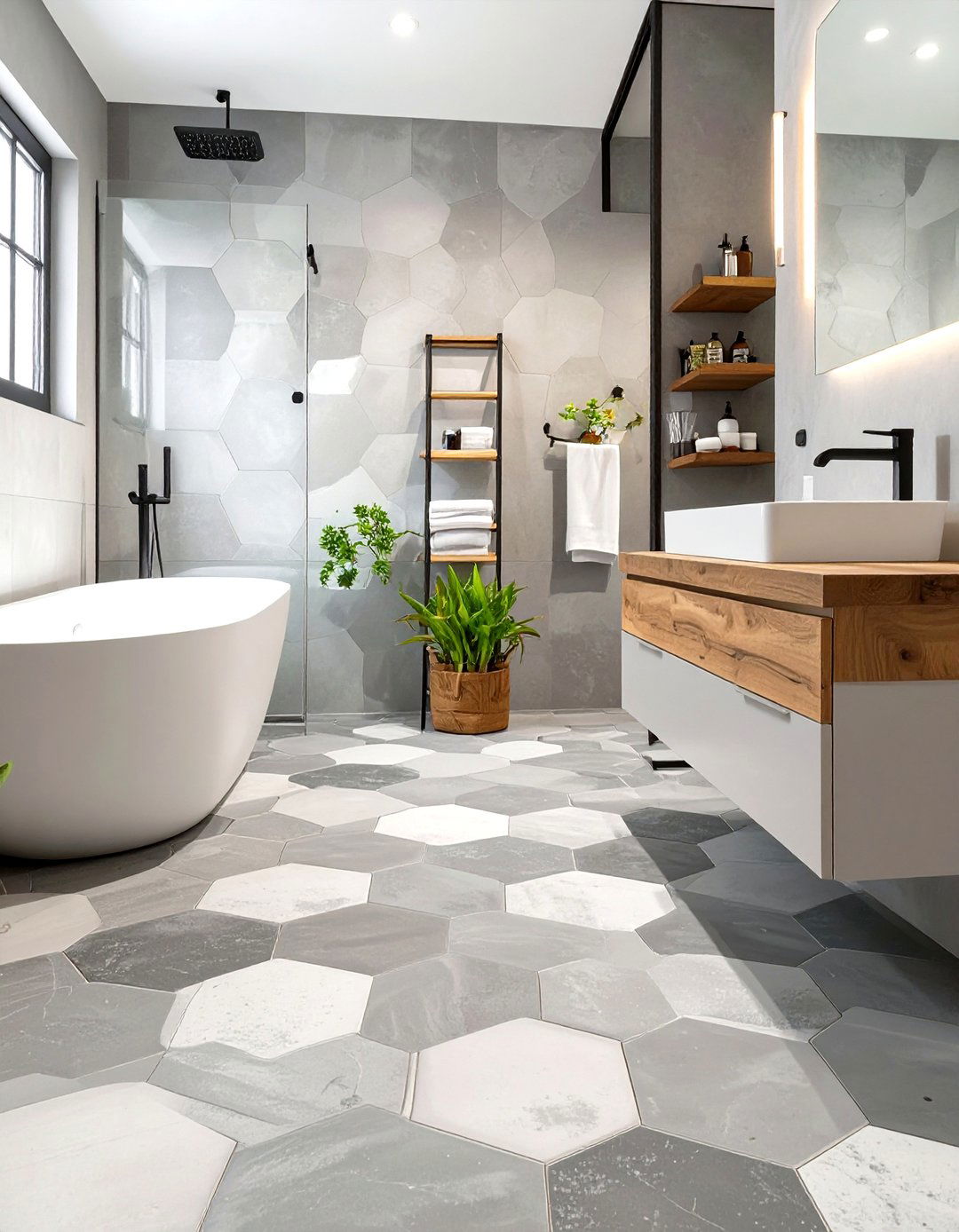 Concrete Effect Hexagon Tiles - 30 washroom and bathroom tiles design ideas