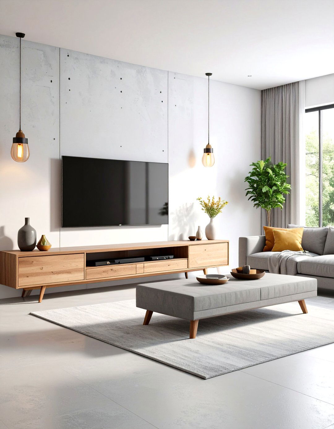 Concrete Finish Living Room Media Bench - 30 living room entertainment center ideas
