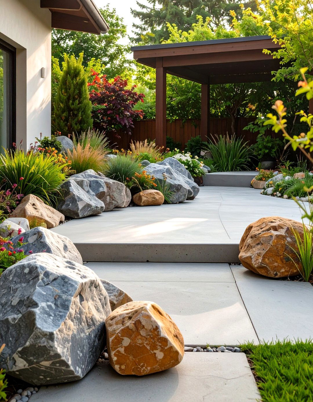 Concrete Patio Edged with Landscape Boulders - 30 simple concrete patio ideas