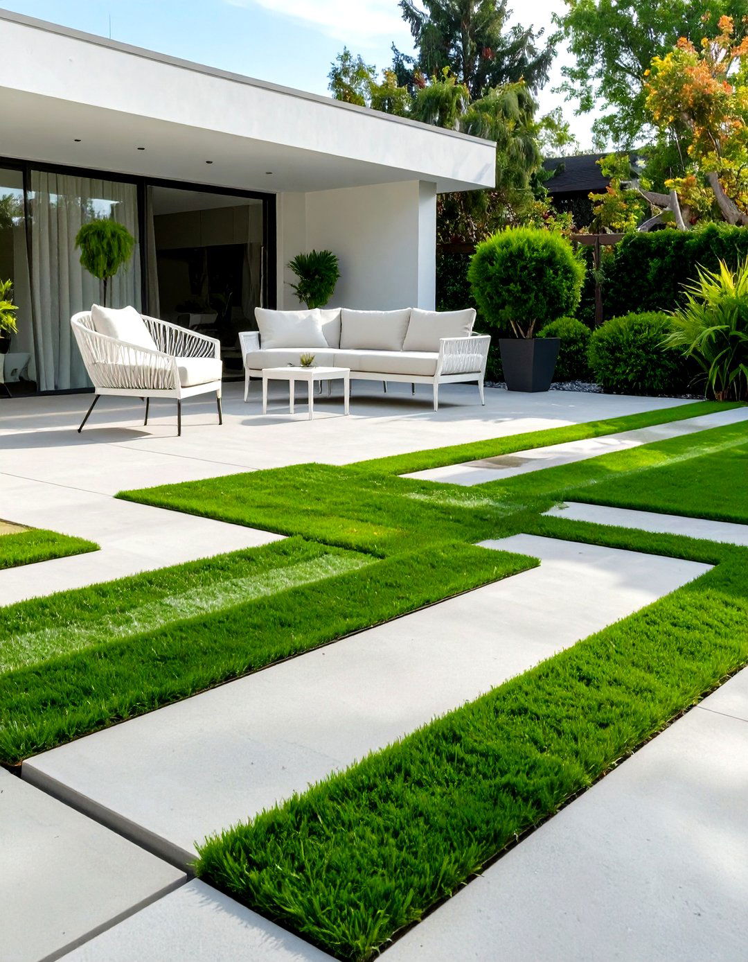 Concrete Patio with Artificial Grass Inlays - 30 simple concrete patio ideas