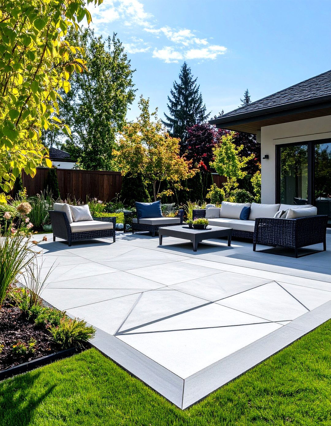 Concrete Patio with Geometric Score Lines - 30 backyard concrete patio ideas