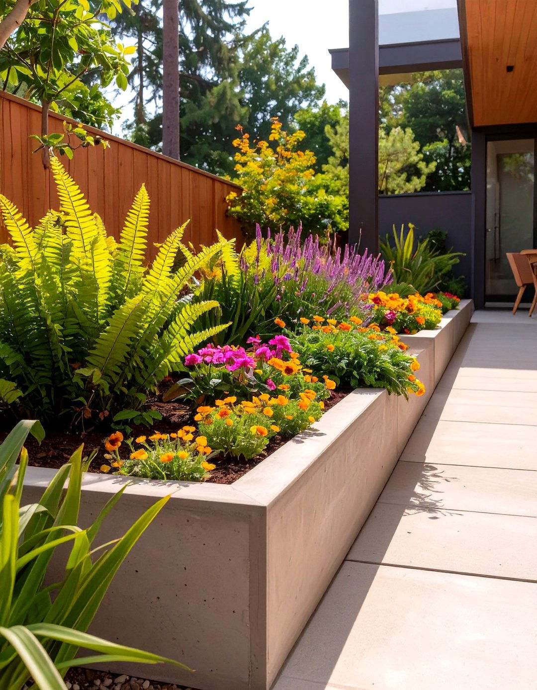 Concrete Patio with Integrated Planter Boxes - 30 simple concrete patio ideas
