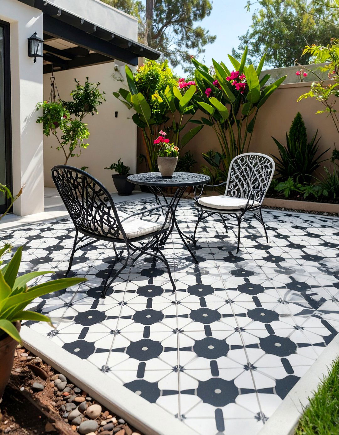 Concrete Patio with Stenciled Tile - 30 cheap no grass backyard ideas