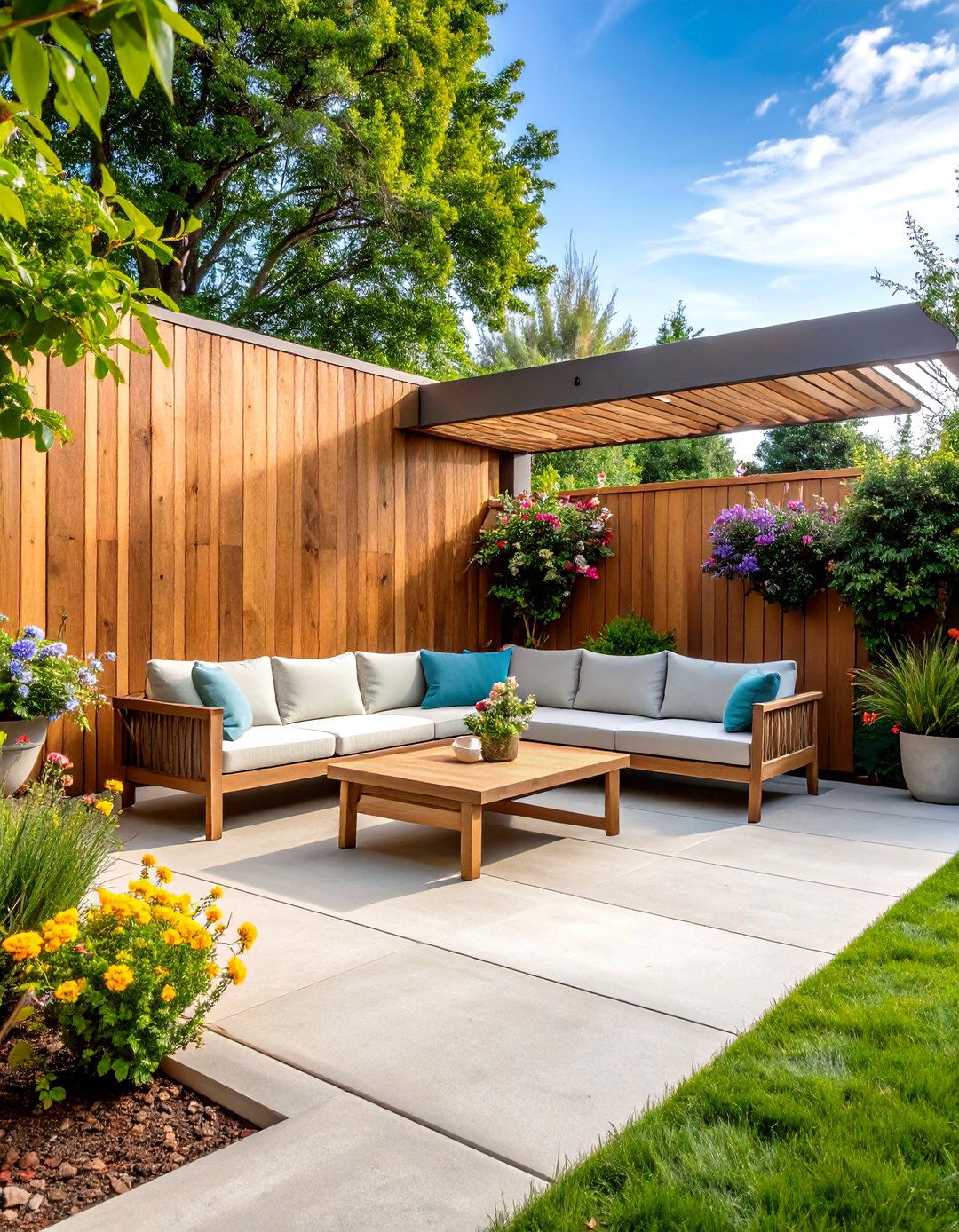 Concrete Patio with a Modern Privacy Screen - 30 backyard concrete patio ideas