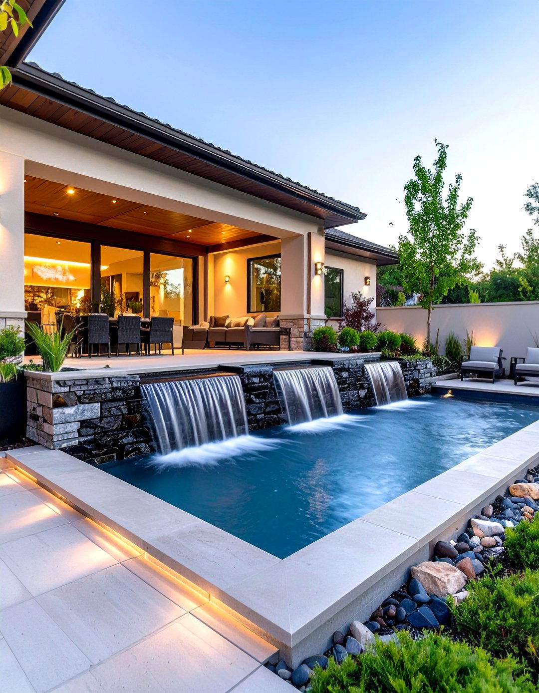 Concrete Patio with a Modern Water Wall - 30 backyard concrete patio ideas