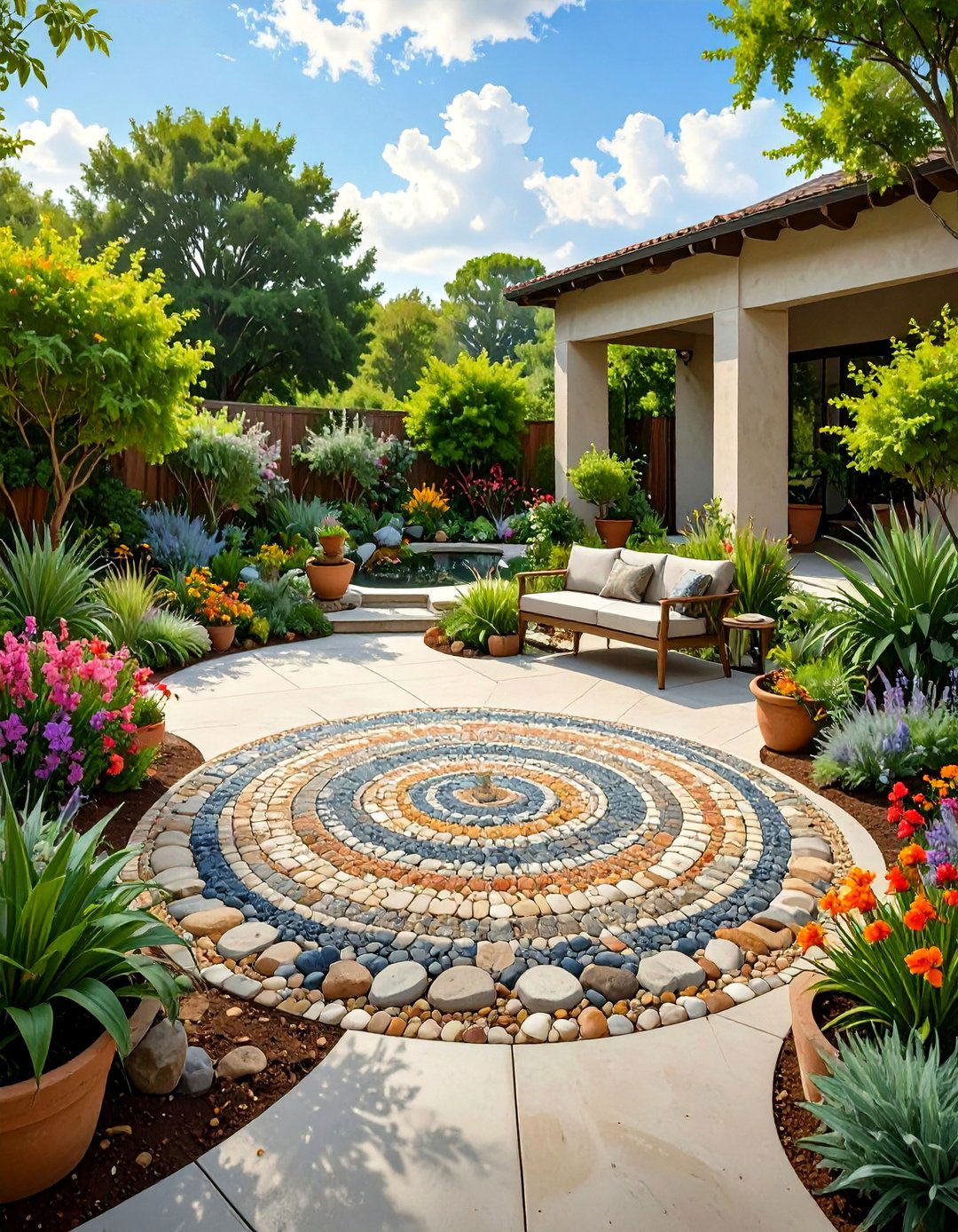 Concrete Patio with a Pebble Mosaic Inlay - 30 simple concrete patio ideas