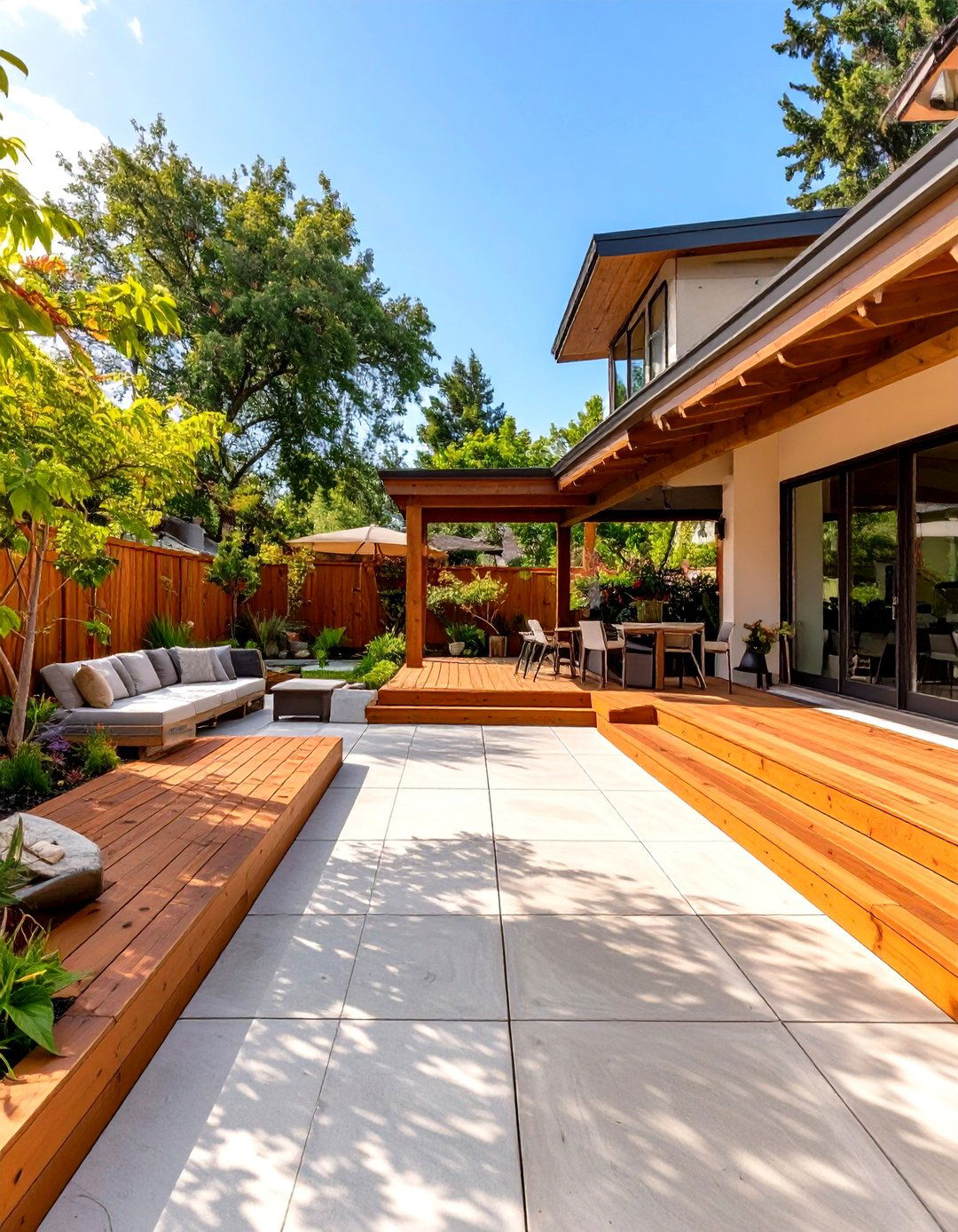 Concrete Patio with a Raised Wooden Deck Area - 30 simple concrete patio ideas