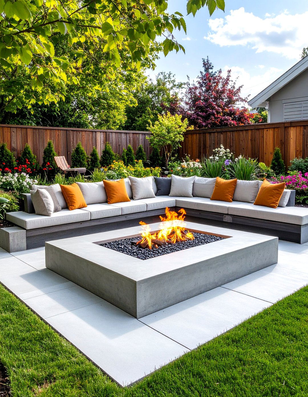 Concrete Patio with a Sunken Fire Pit Area - 30 backyard concrete patio ideas