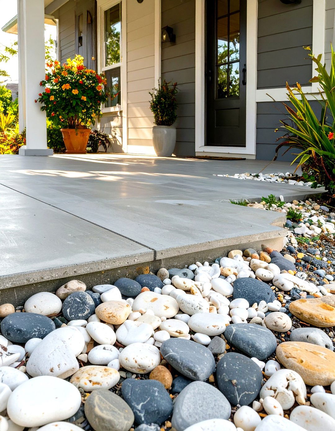Concrete Porch with Pebble Mosaic Edging - 30 small concrete front porch ideas