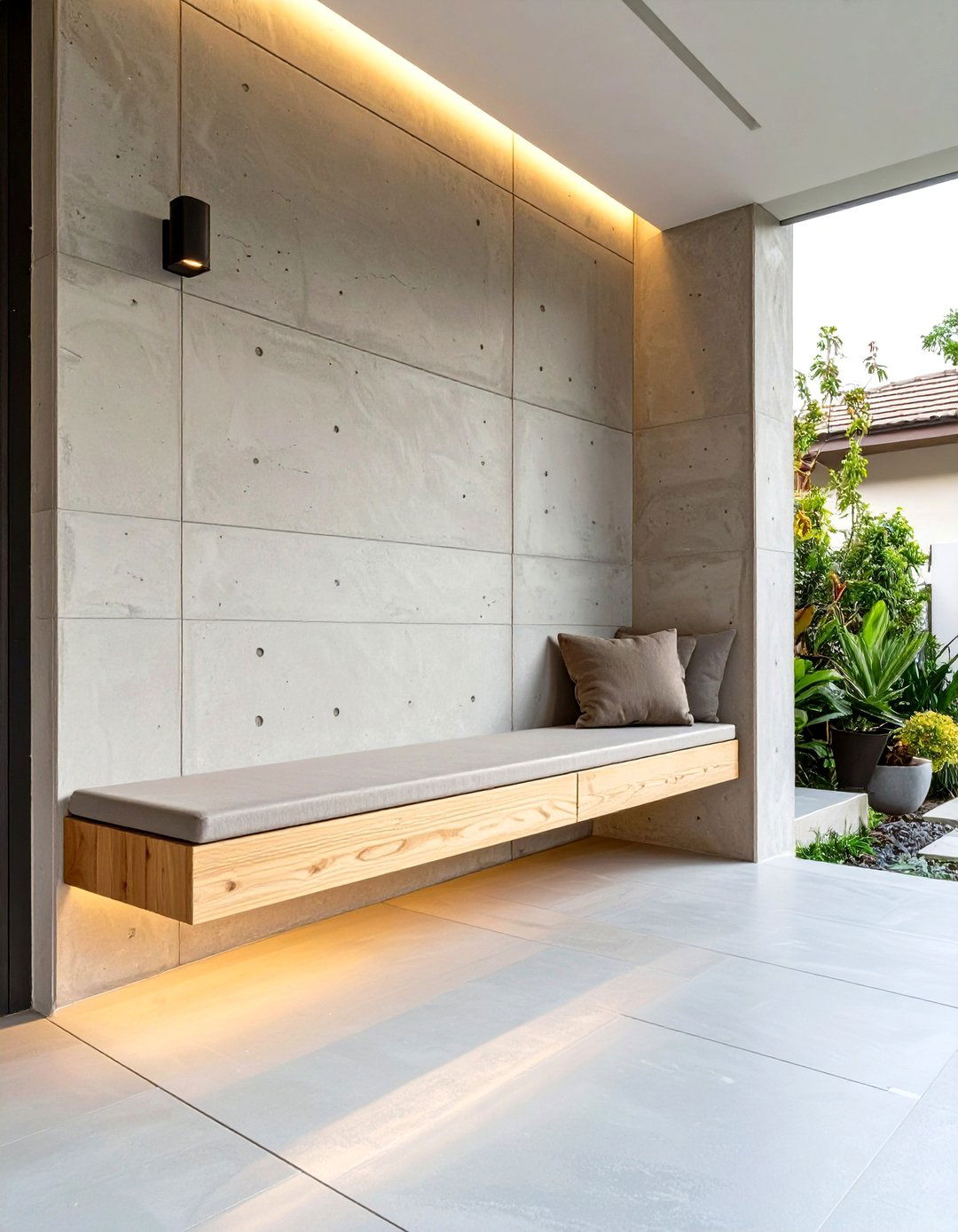 Concrete Porch with a Minimalist Built in Bench - 30 small concrete front porch ideas