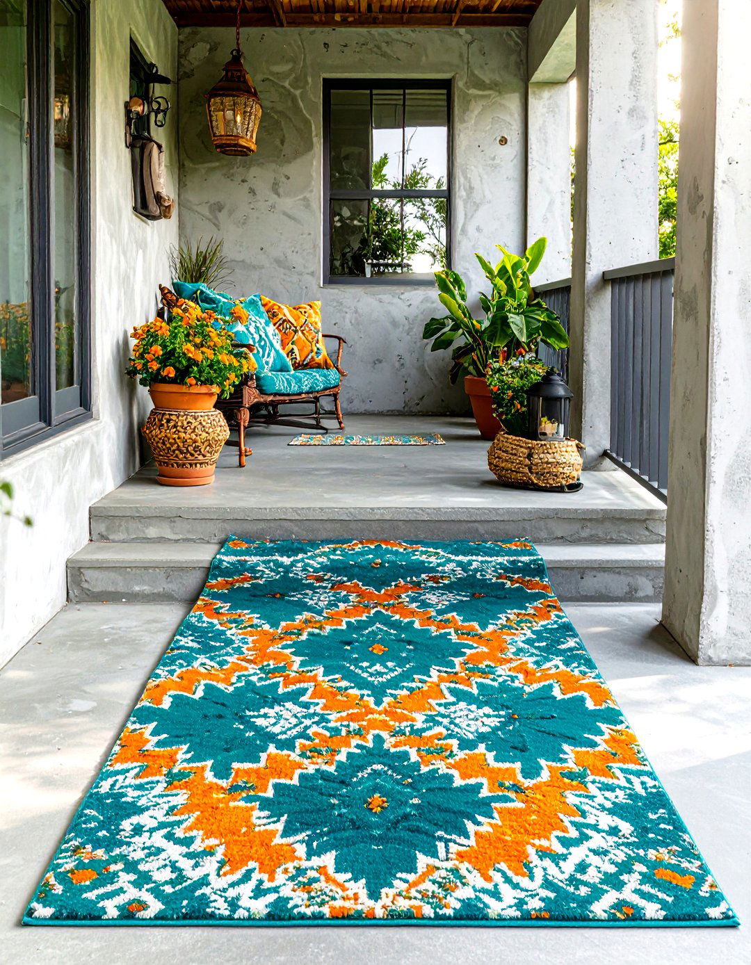 Concrete Porch with an Outdoor Area Rug - 30 small concrete front porch ideas