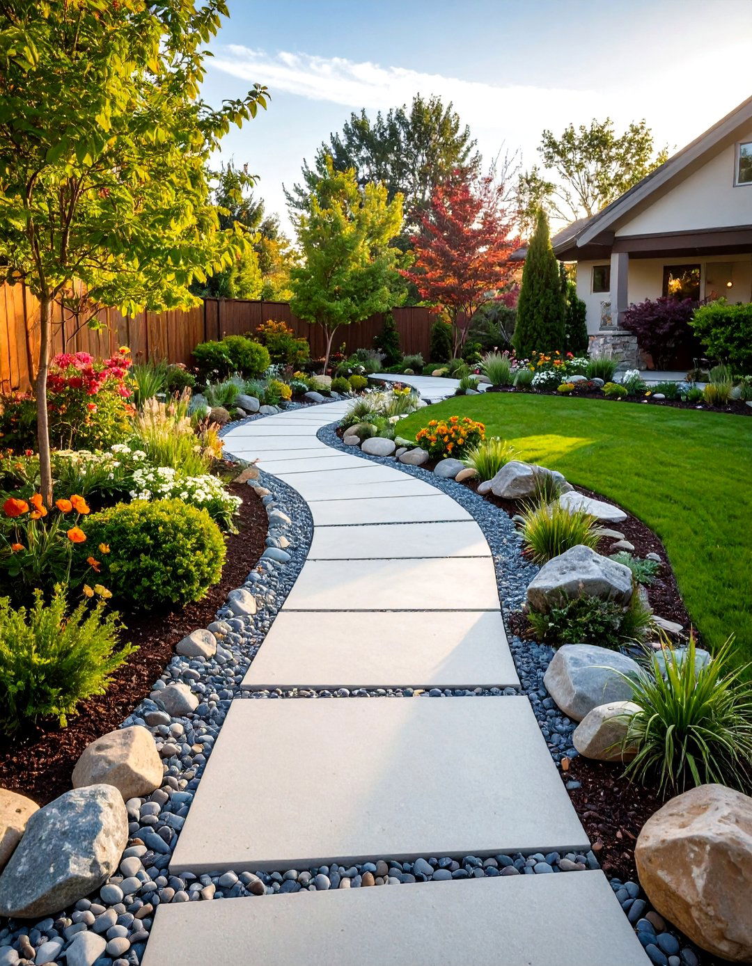 Concrete Walkway with River Rock Borders - 30 backyard concrete ideas