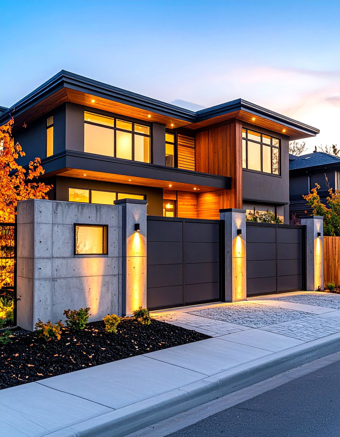 Concrete Wall Fence with Modern Cutouts - 30 front yard fence ideas with driveway