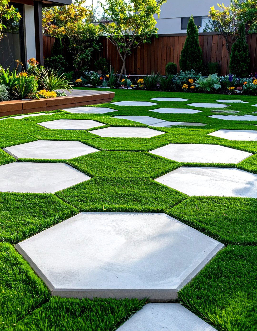 Concrete and Turf Geometric Design - 30 backyard floor ideas