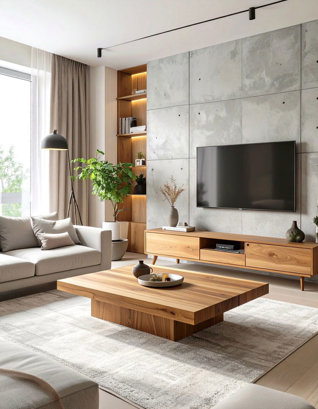 Concrete and Wood Minimalist Living Room - 30 ai minimalist living room ideas