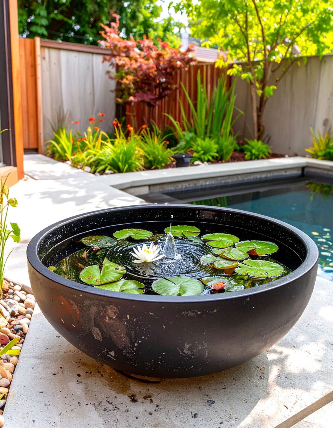 Container Water Garden Feature - 30 concrete patio ideas on a budget