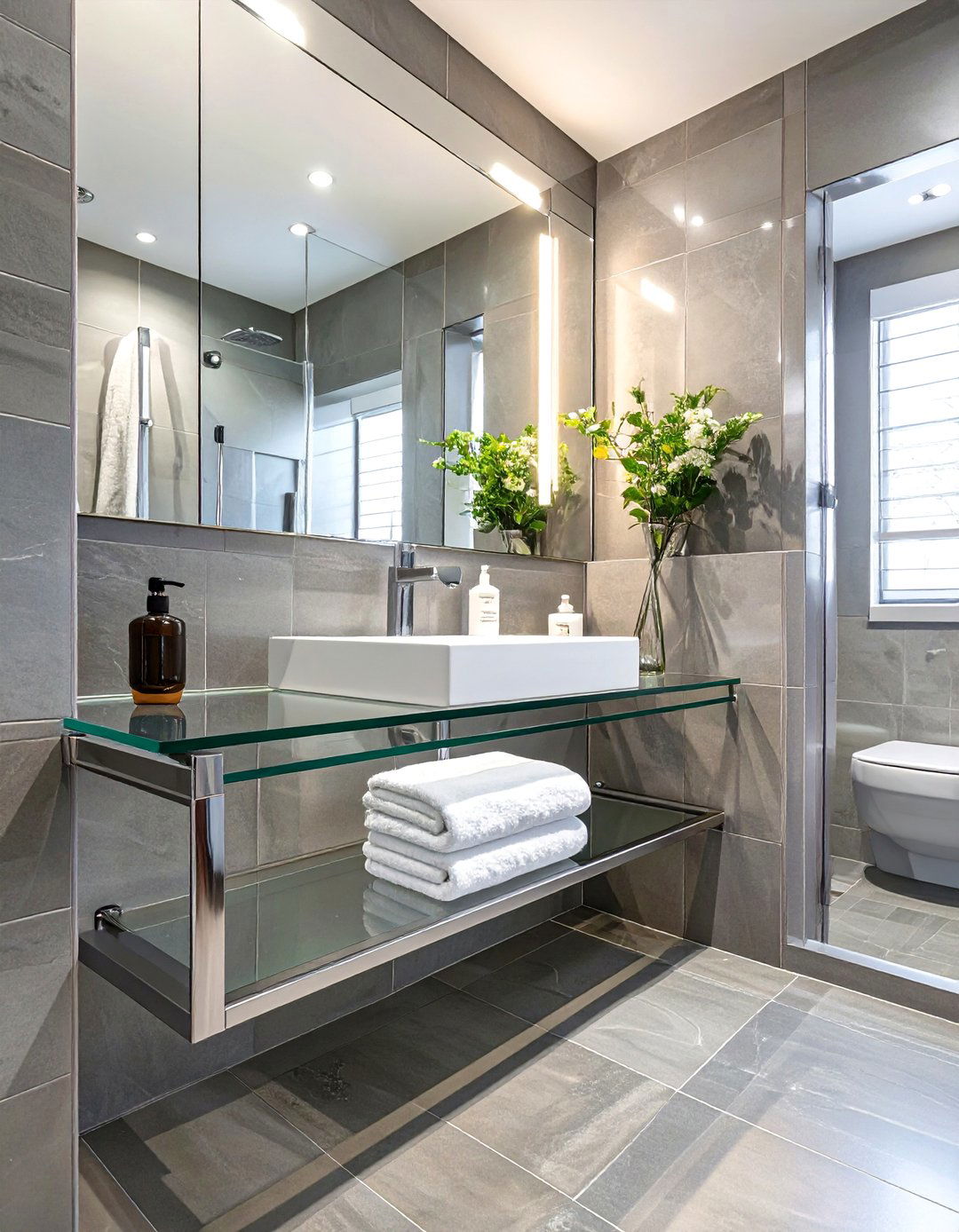 Contemporary Bathroom Glass Shelf with Bar - 30 bathroom towel holder ideas