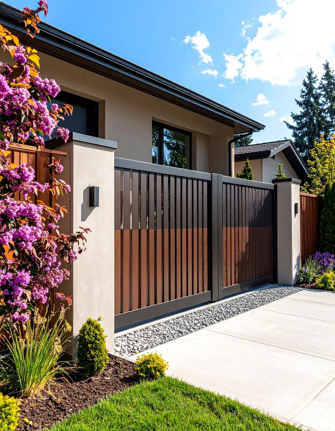 Contemporary Corrugated Metal Fence with a Sliding Gate - 30 front yard fence ideas with gate