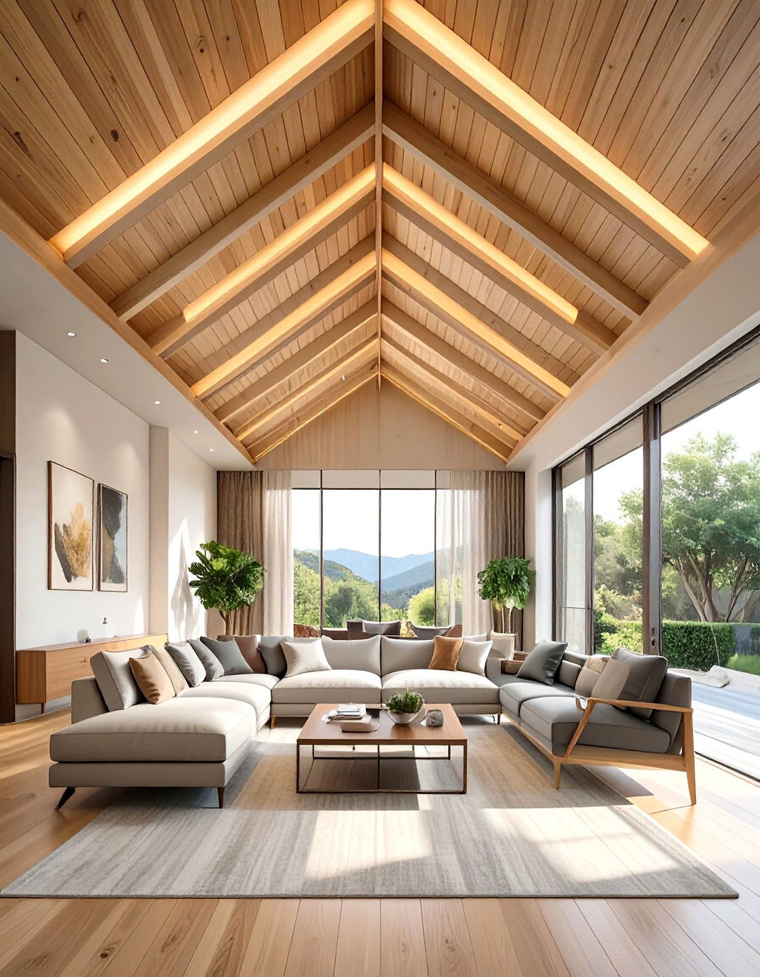 Contemporary Geometric Wood Slats - 30 ceiling ideas for living room
