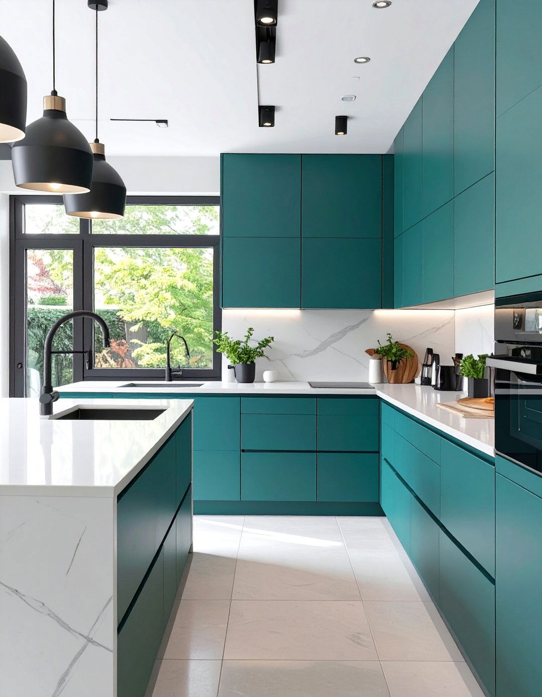 Contemporary Kitchen with Matte Teal Green Cabinets - 30 green kitchen cabinets ideas