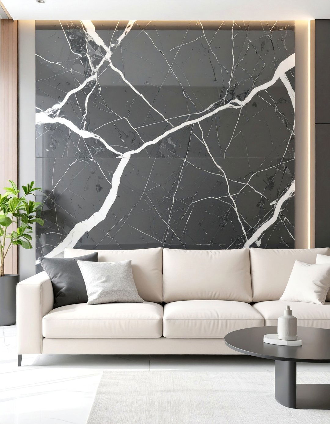 Contemporary Living Room with a Black Marble Wall - 30 black accent wall ideas