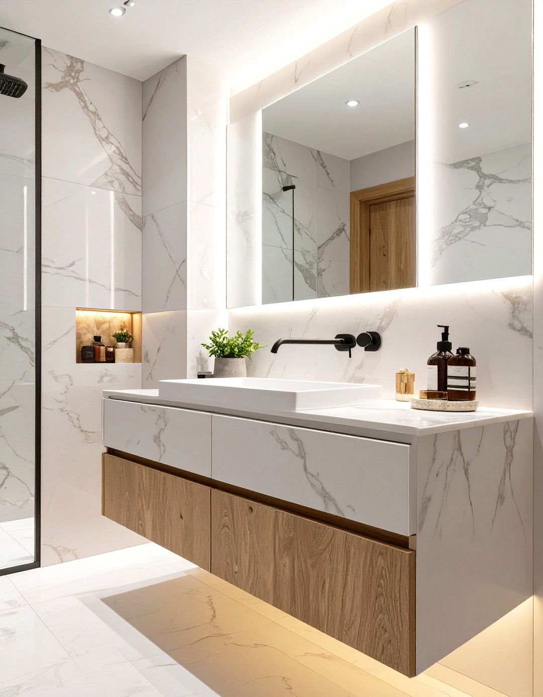 Contemporary Marble Bathroom with Integrated Sink - 30 marble bathroom ideas