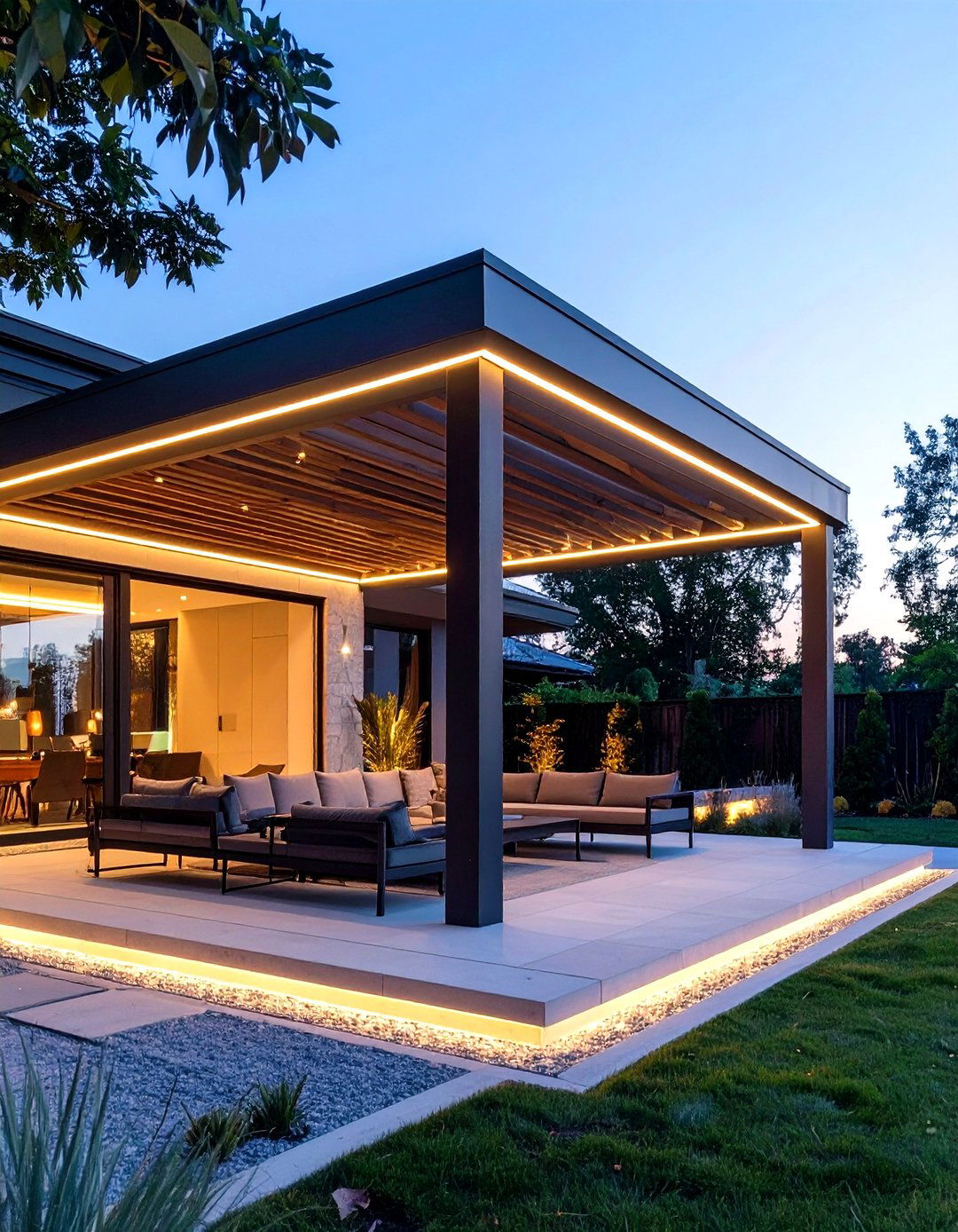 Contemporary Pavilion with Integrated Lighting - 30 covered patio ideas attached to house