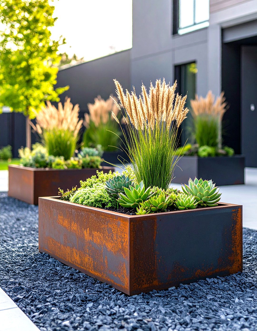 Contemporary Steel Planter Design - 30 front yard xeriscape ideas colorado