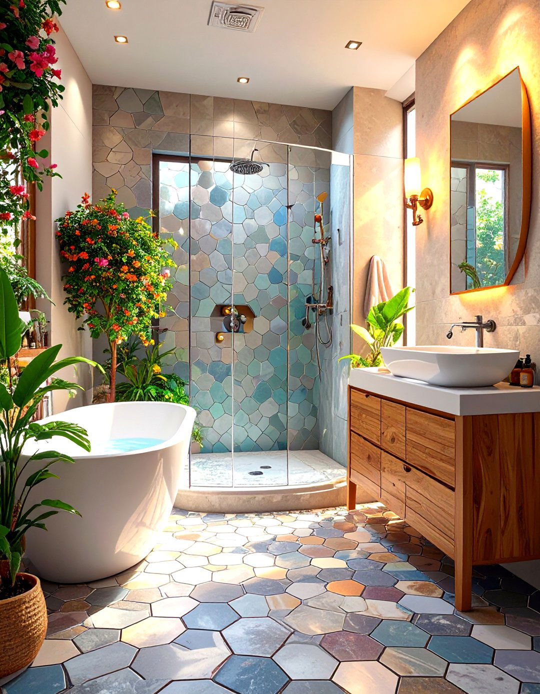 Continuous Floor Tiling - 30 shower small bathroom ideas