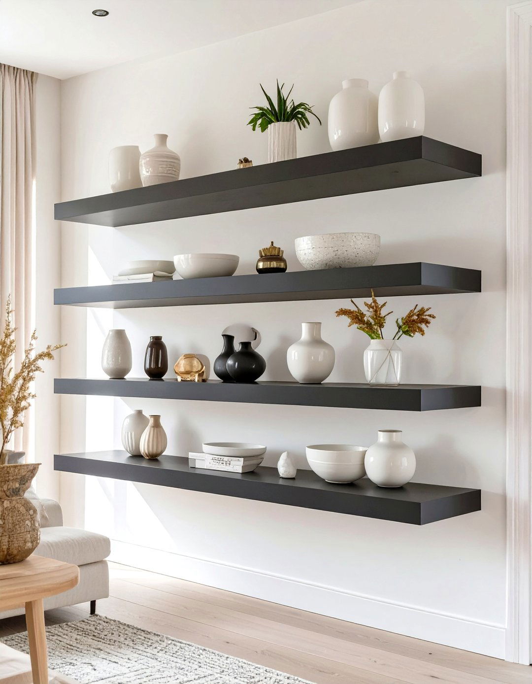Contrasting Color Floating Shelves - 30 floating shelves ideas living room