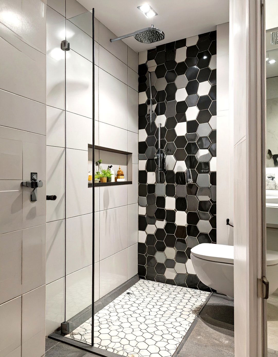 Contrasting Tile Nook Small Doorless Shower - 30 small doorless walk in shower ideas