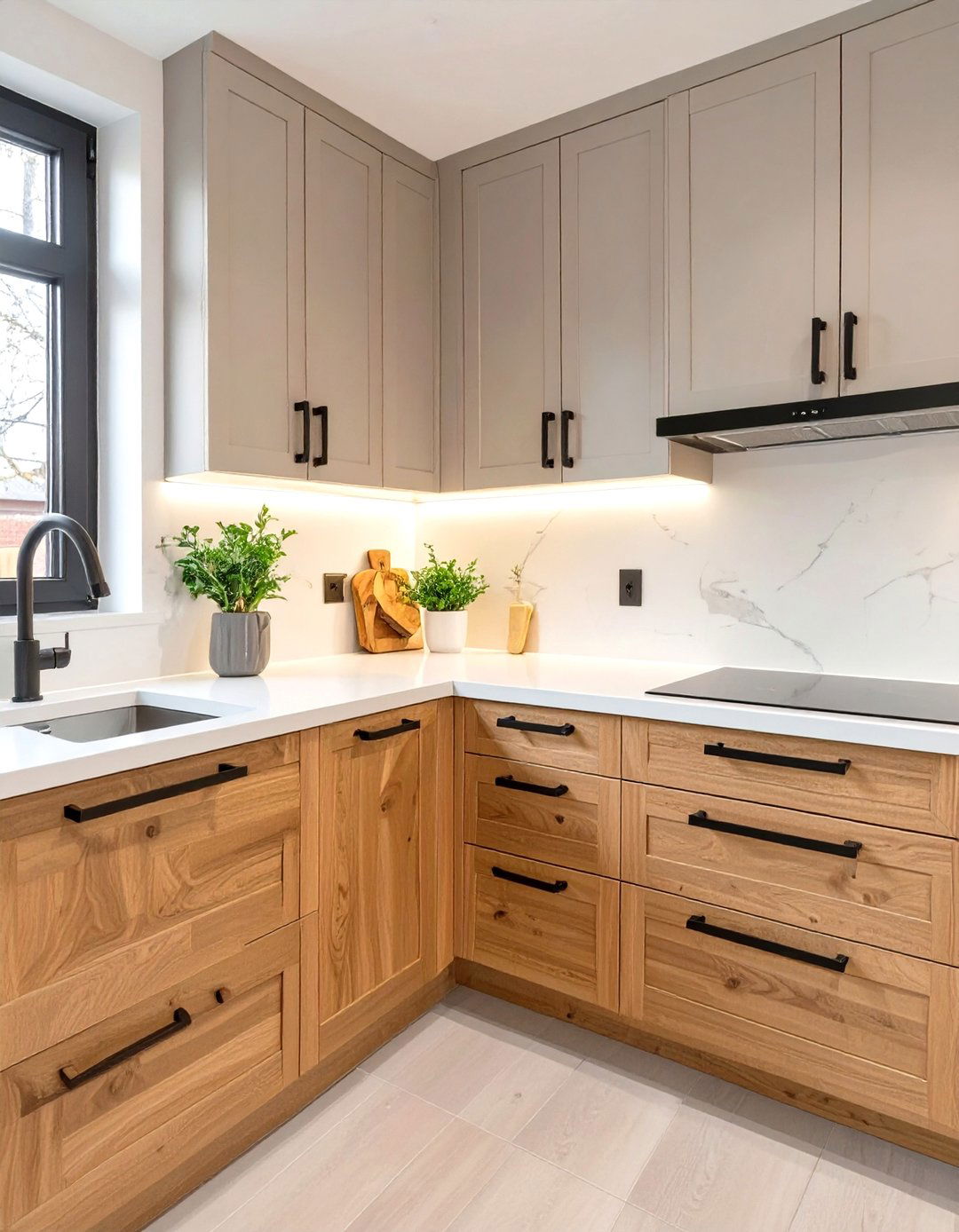 Cool Gray Uppers with Warm Wood Lowers - 30 two tone painted kitchen cabinet ideas