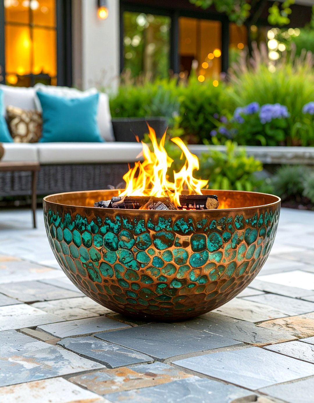 Copper Fire Bowl with Patina Finish - 30 outdoor firepit ideas