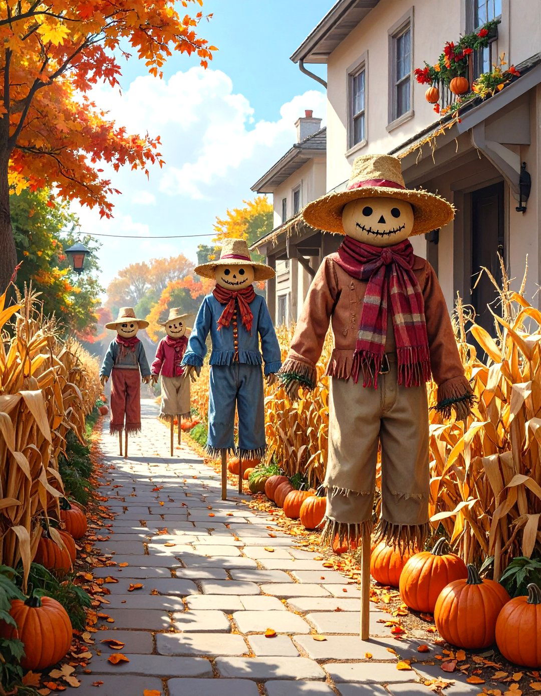 Corn Husk and Scarecrow Alley - 30 outdoor halloween decoration ideas