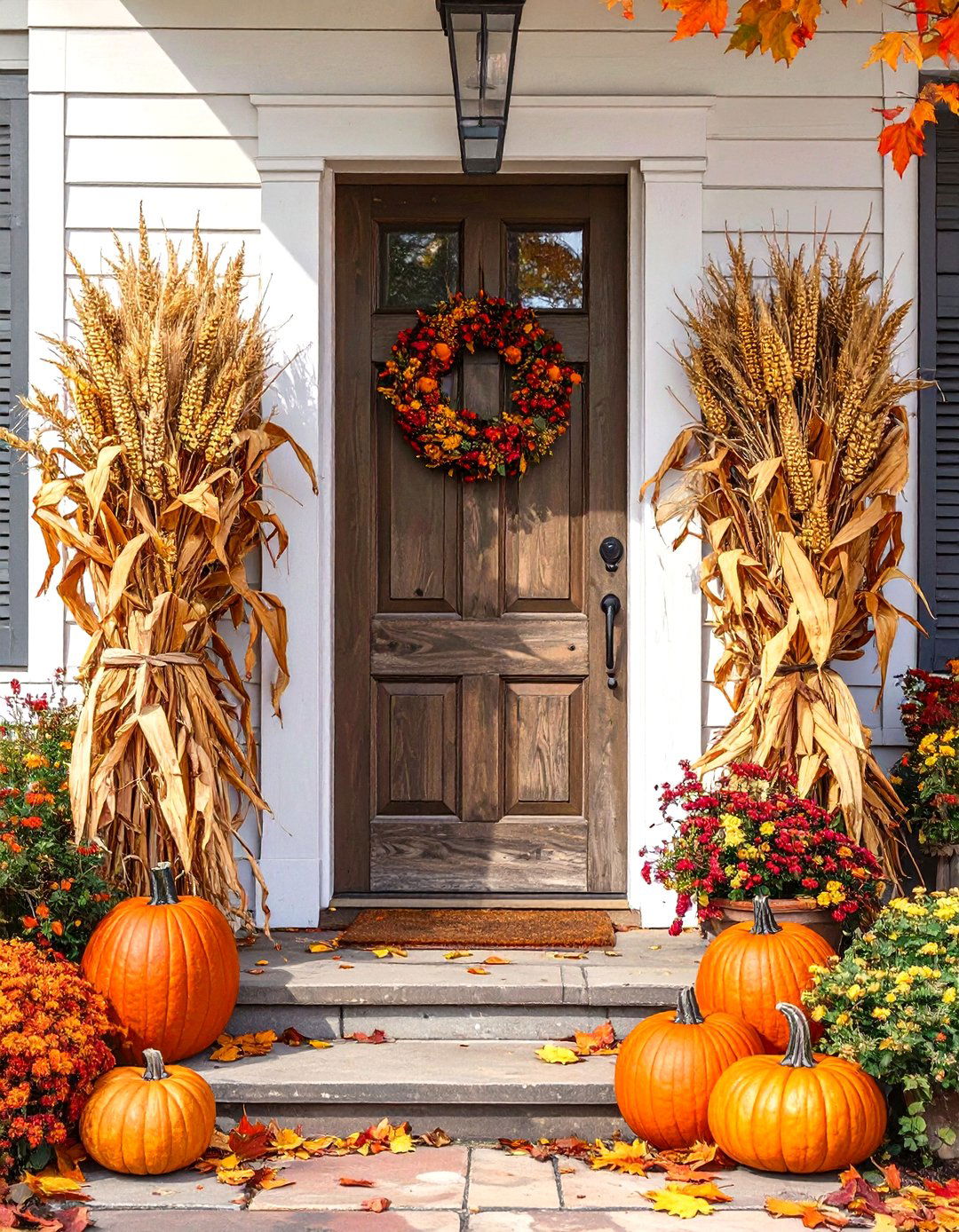 Corn Stalks Framing the Front Door - 30 outdoor fall decor ideas